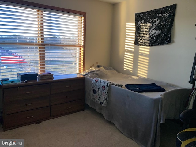 bedroom featuring light carpet