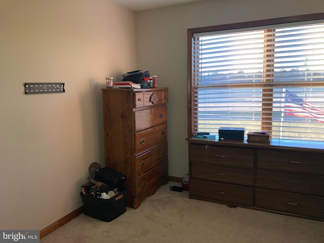 bedroom with light colored carpet