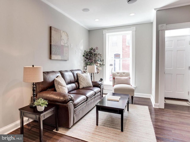 living room with ornamental molding and dark hardwood / wood-style flooring