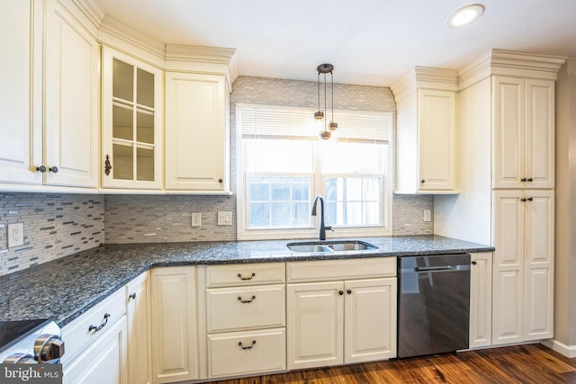 kitchen with sink, stainless steel dishwasher, dark hardwood / wood-style flooring, pendant lighting, and decorative backsplash