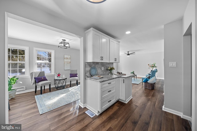 kitchen with tasteful backsplash, white cabinets, ceiling fan, light stone countertops, and dark wood-type flooring