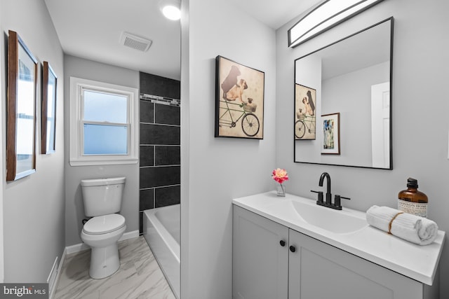 full bathroom featuring bathtub / shower combination, vanity, and toilet