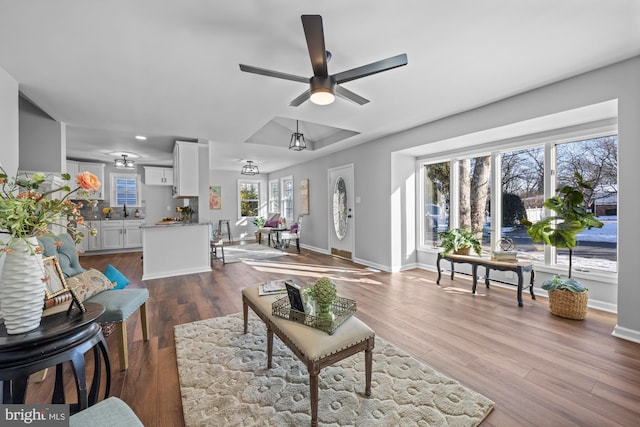 living room with hardwood / wood-style flooring, ceiling fan, and sink