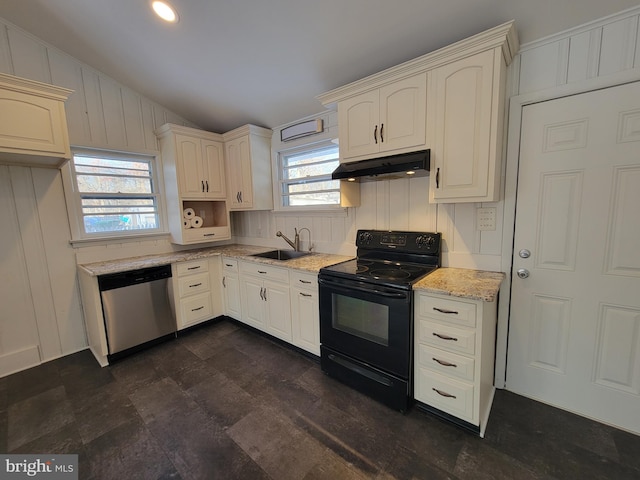 kitchen featuring sink, dishwasher, plenty of natural light, black range with electric cooktop, and vaulted ceiling