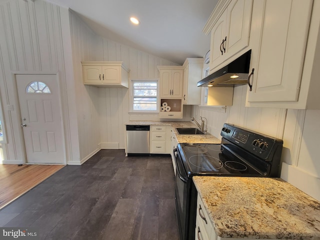 kitchen with lofted ceiling, black electric range oven, sink, dishwasher, and light stone counters