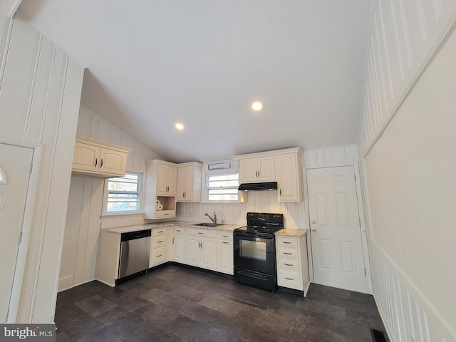 kitchen with sink, black range with electric cooktop, decorative backsplash, vaulted ceiling, and stainless steel dishwasher