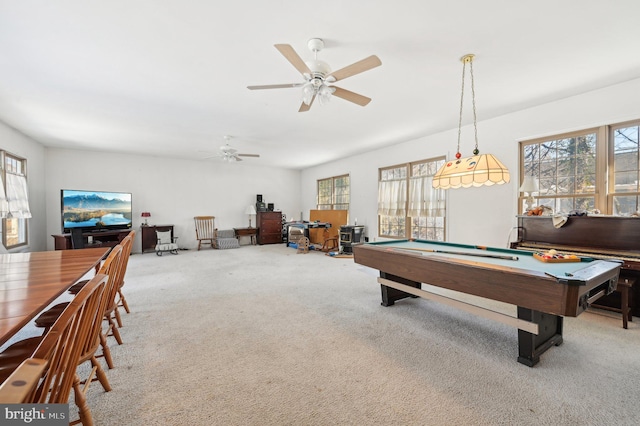 rec room featuring ceiling fan, light carpet, and pool table