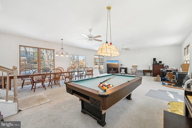 playroom featuring light carpet, ceiling fan, and billiards