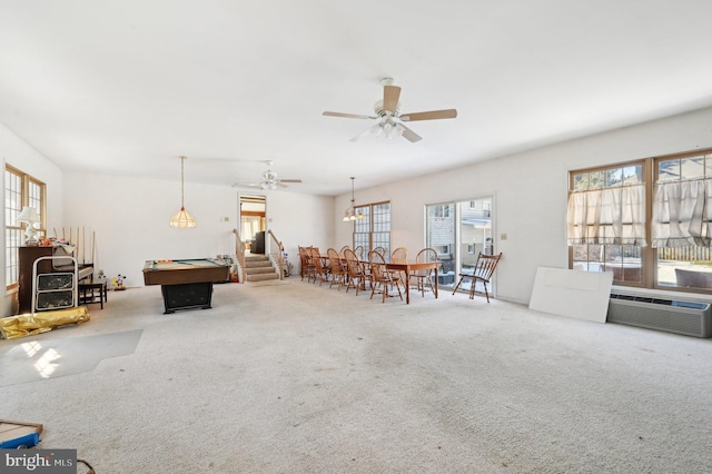 recreation room featuring ceiling fan, billiards, and carpet floors