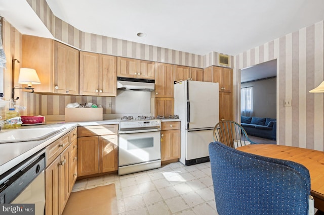 kitchen featuring white appliances and sink