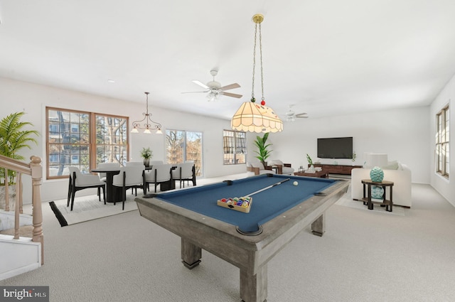 playroom with light carpet, ceiling fan, and billiards