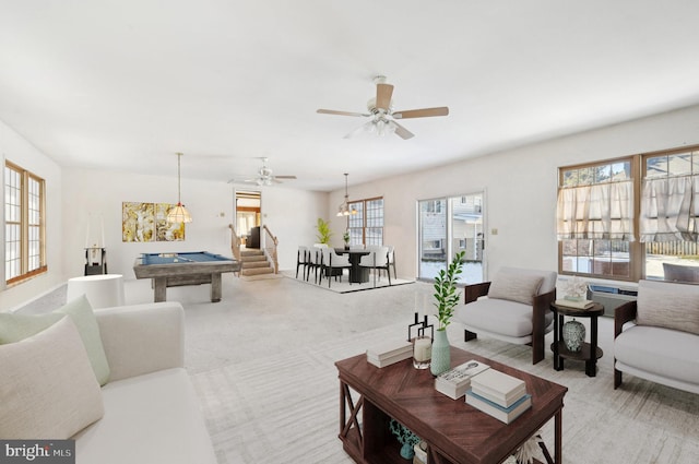 living room with a wall mounted air conditioner, carpet flooring, pool table, and ceiling fan