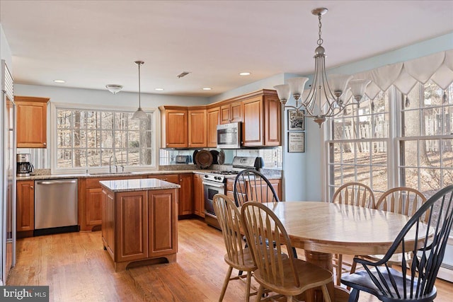 kitchen featuring stainless steel appliances, a kitchen island, sink, and pendant lighting