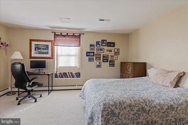 bedroom featuring light carpet