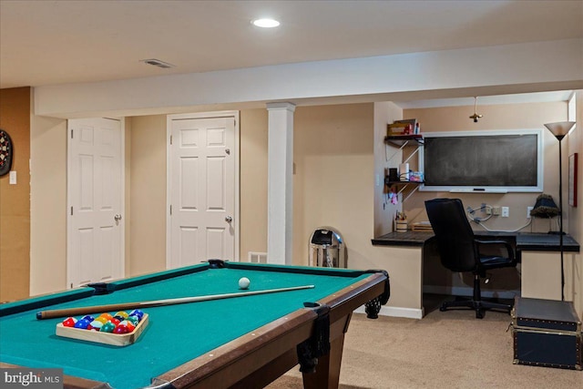 playroom with billiards and light carpet