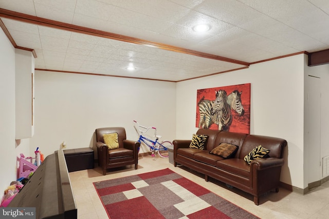 living room with crown molding