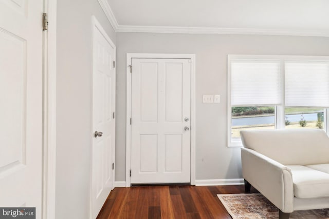 entrance foyer featuring ornamental molding and dark hardwood / wood-style flooring