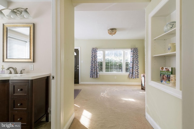 interior space with sink and light colored carpet