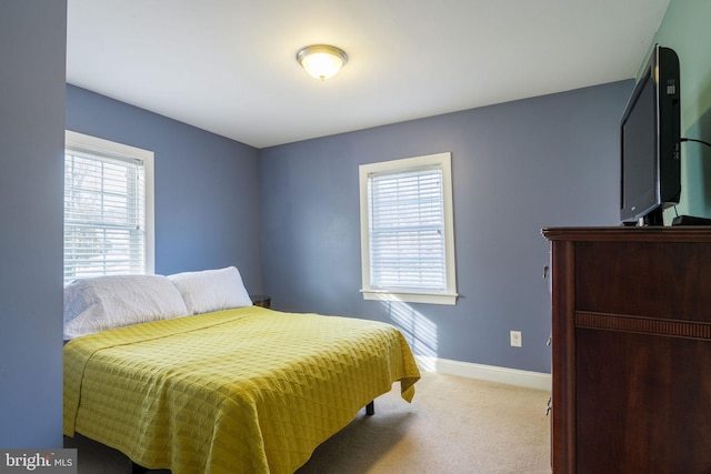 bedroom featuring multiple windows and light carpet