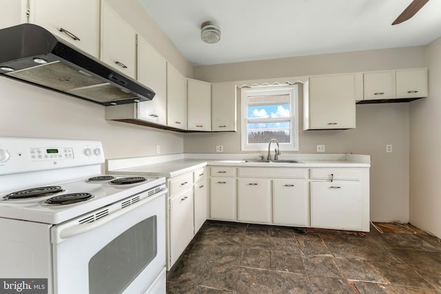 kitchen with white cabinetry, white electric range, and sink