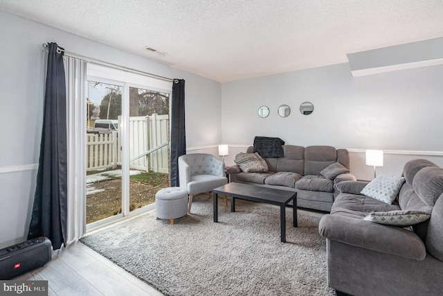 living room with a textured ceiling