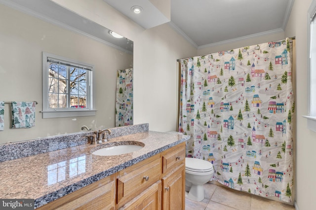 bathroom with tile patterned flooring, toilet, a shower with shower curtain, ornamental molding, and vanity