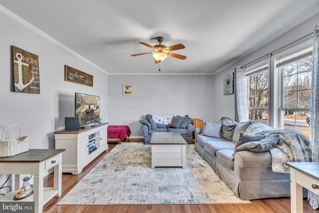 living room with light hardwood / wood-style floors, ceiling fan, and ornamental molding