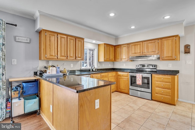 kitchen featuring sink, crown molding, kitchen peninsula, electric stove, and dark stone counters