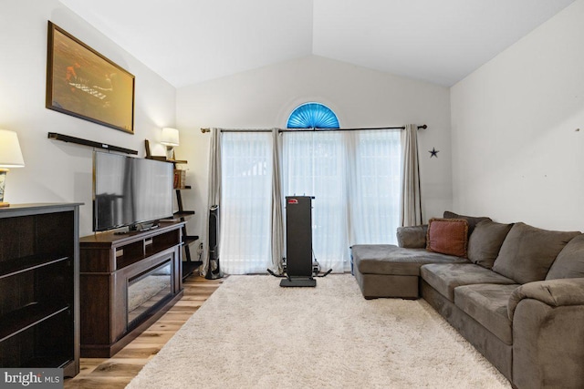 living room featuring lofted ceiling and light hardwood / wood-style flooring