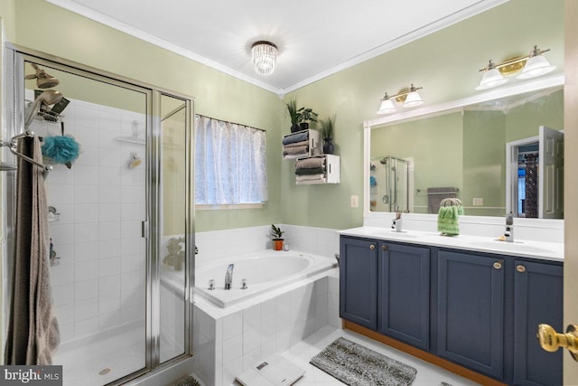 bathroom featuring crown molding, tile patterned floors, vanity, and shower with separate bathtub