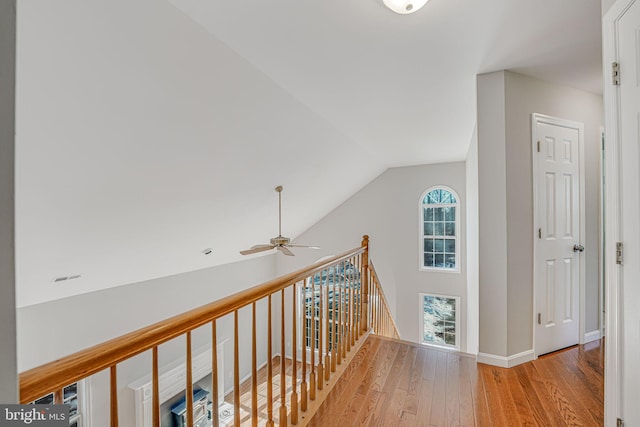 hallway featuring vaulted ceiling and light hardwood / wood-style flooring