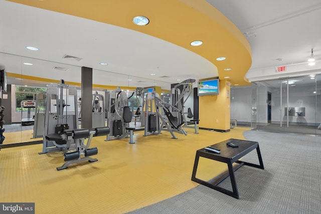 workout area with carpet flooring