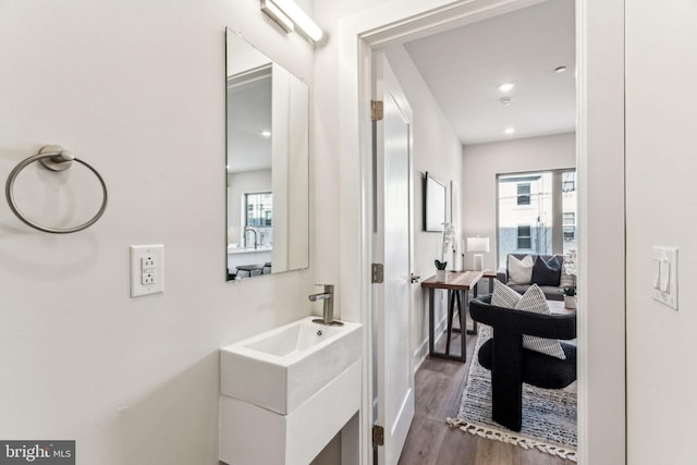 bathroom featuring vanity and hardwood / wood-style floors