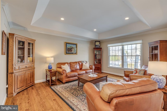 living room featuring crown molding, a raised ceiling, and light hardwood / wood-style floors