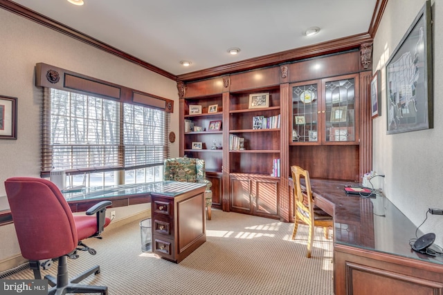 carpeted office space featuring ornamental molding