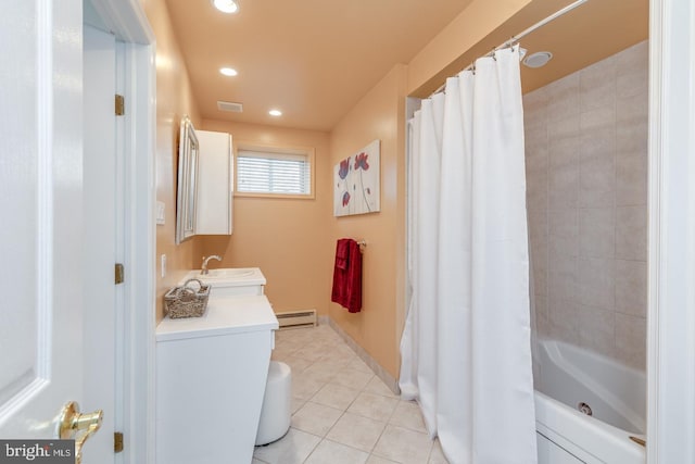 bathroom with shower / bath combination with curtain, a baseboard radiator, tile patterned floors, and vanity