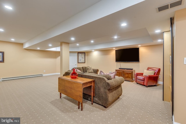 living room featuring a baseboard radiator and light carpet