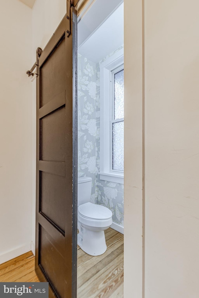 bathroom featuring wood-type flooring and toilet