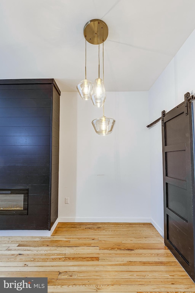 interior space featuring a fireplace, light hardwood / wood-style floors, and a barn door