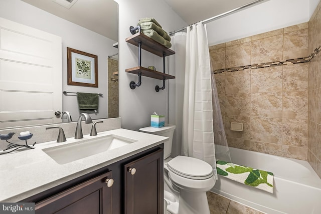 full bathroom with vanity, tile patterned floors, shower / bath combination with curtain, and toilet