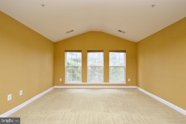 unfurnished room with plenty of natural light, light carpet, and lofted ceiling