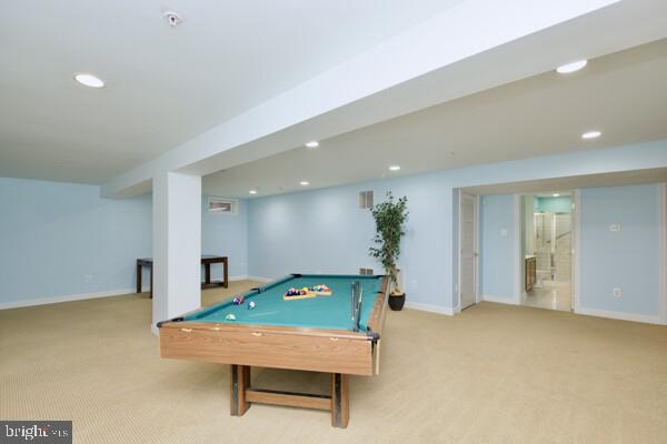 recreation room featuring pool table and light colored carpet