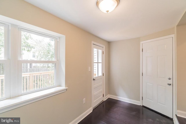 interior space featuring plenty of natural light, baseboards, and dark wood-type flooring