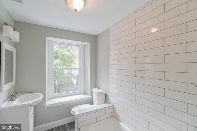 full bathroom with a tub to relax in, baseboards, and vanity