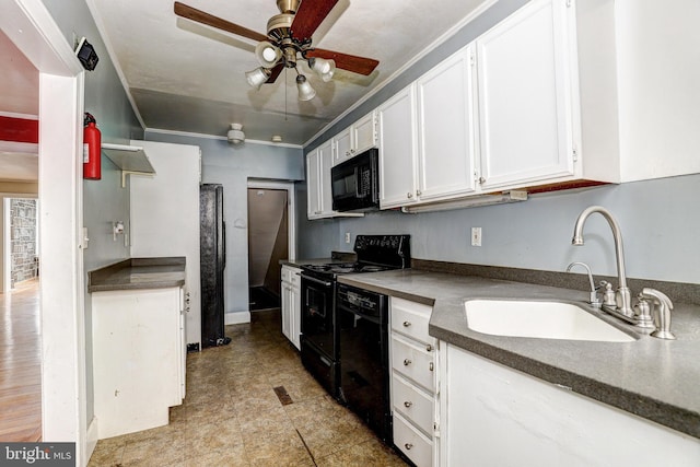 kitchen featuring sink, black appliances, white cabinets, and ceiling fan