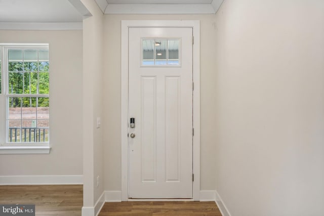 foyer entrance featuring hardwood / wood-style floors, crown molding, and plenty of natural light