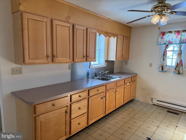 kitchen featuring sink, plenty of natural light, ceiling fan, and baseboard heating