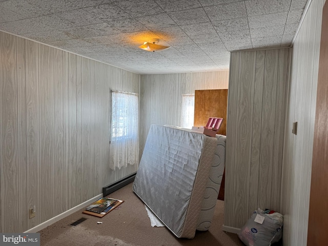 bedroom with baseboard heating and wooden walls