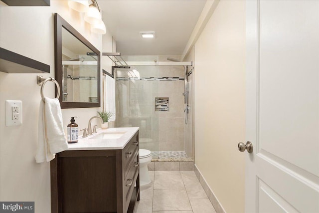 bathroom with a shower with door, tile patterned flooring, and toilet