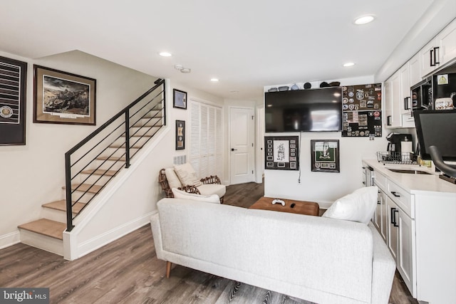 living room with sink and dark wood-type flooring